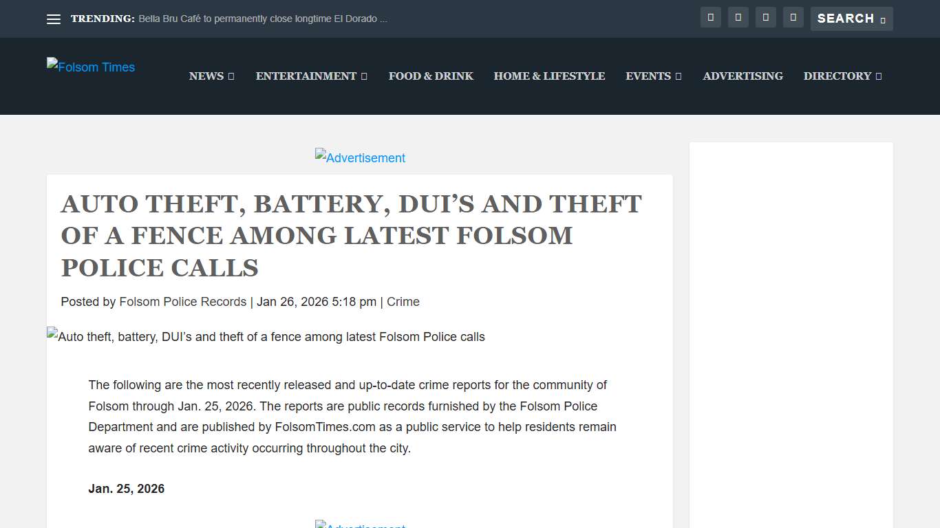 Auto Theft, Battery, DUI's And Theft Of A Fence Among Latest Folsom Police Calls – Folsom Times