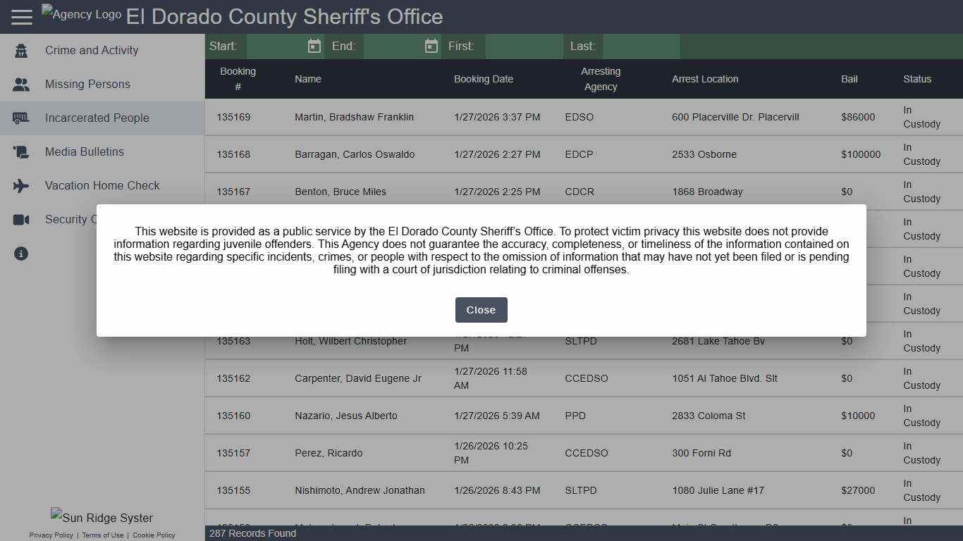El Dorado County Sheriff's Office - Incarcerated People